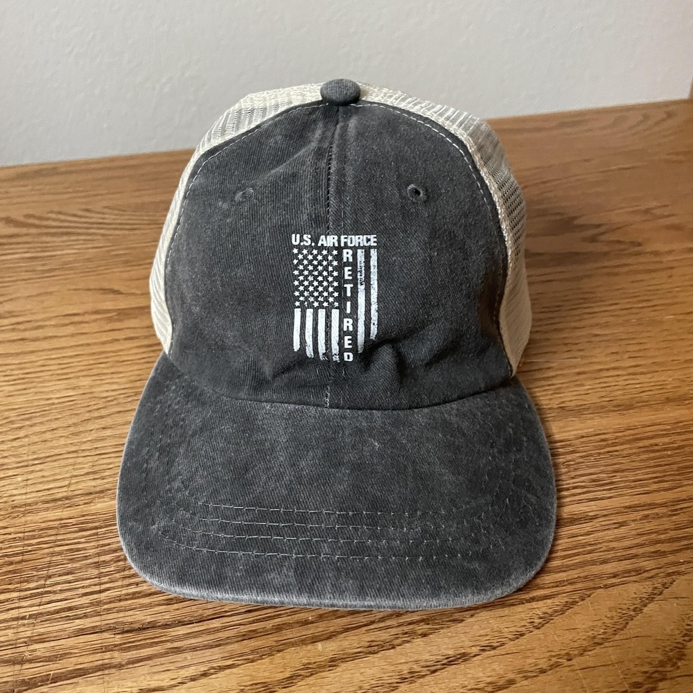 US Air Force Retired Hat Cap Strap Back Gray White Trucker Mesh Washed Mens Flag